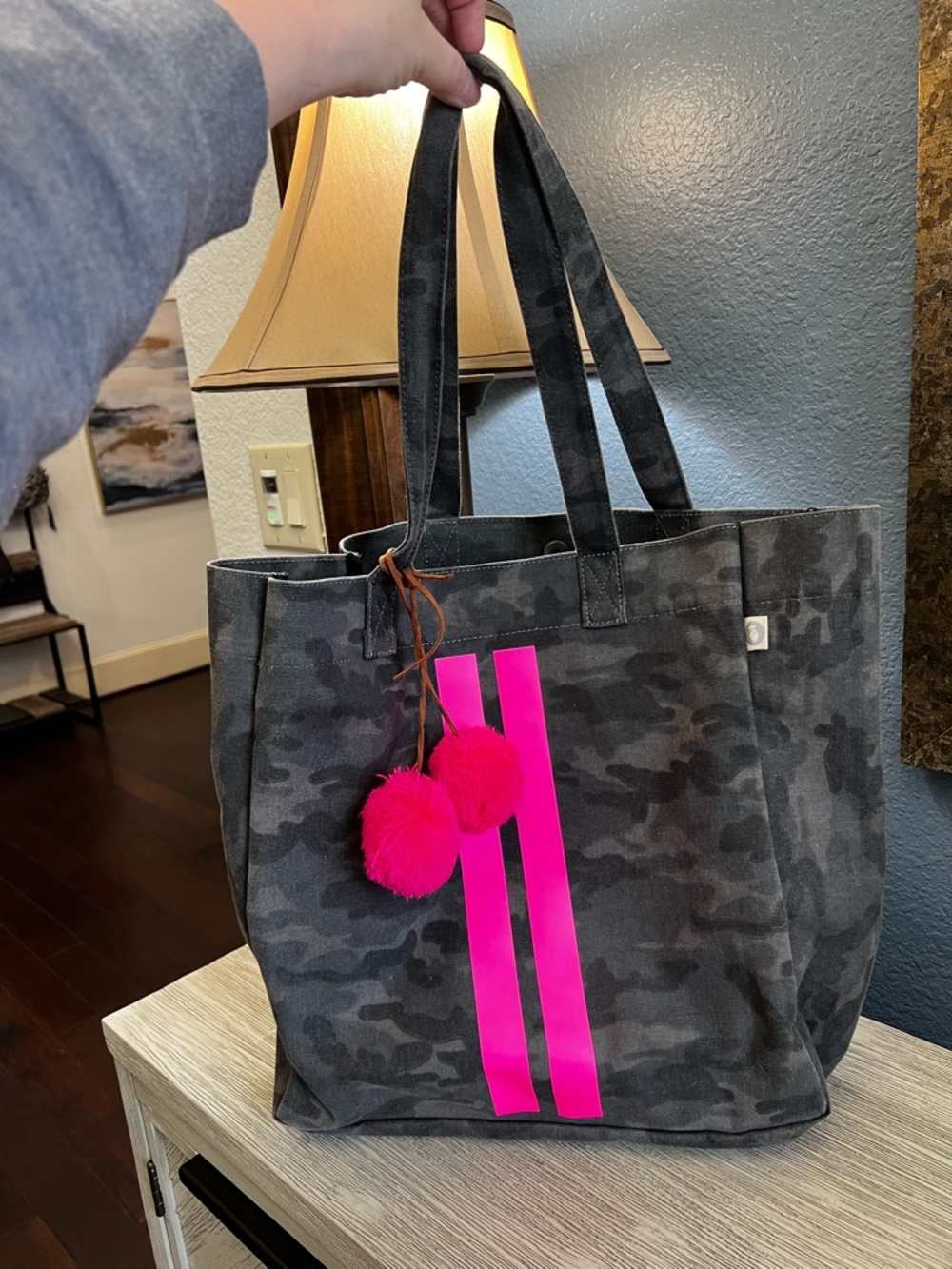 Koala Kanvas Camo Gray Tote with Neon Pink Stripe and Pom-Pom Accent